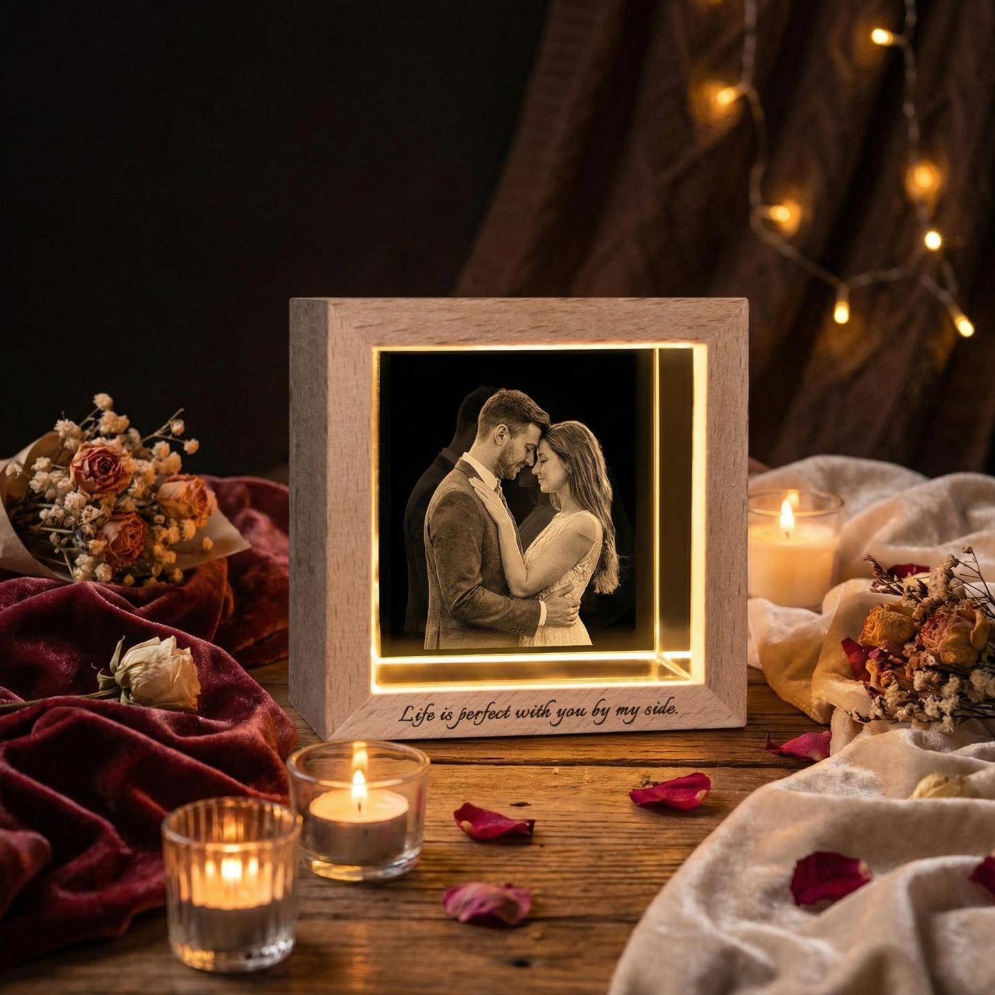 Personalized Photo Crystal Night Light Custom Engraved Base Wooden Frame Lamp Anniversary Gift for Her - NameNecklaceAU