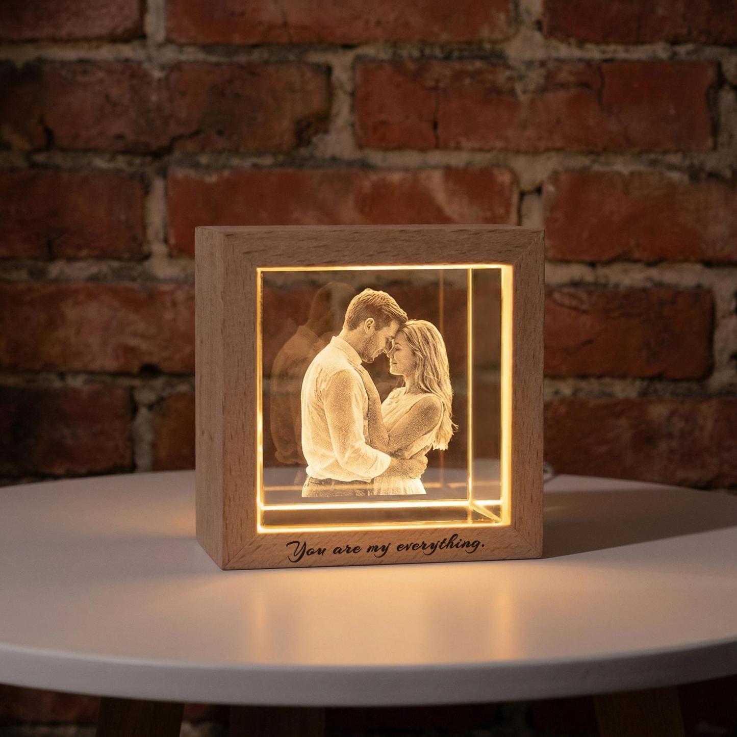 Personalized Photo Crystal Night Light Custom Engraved Base Wooden Frame Lamp Anniversary Gift for Her - NameNecklaceAU