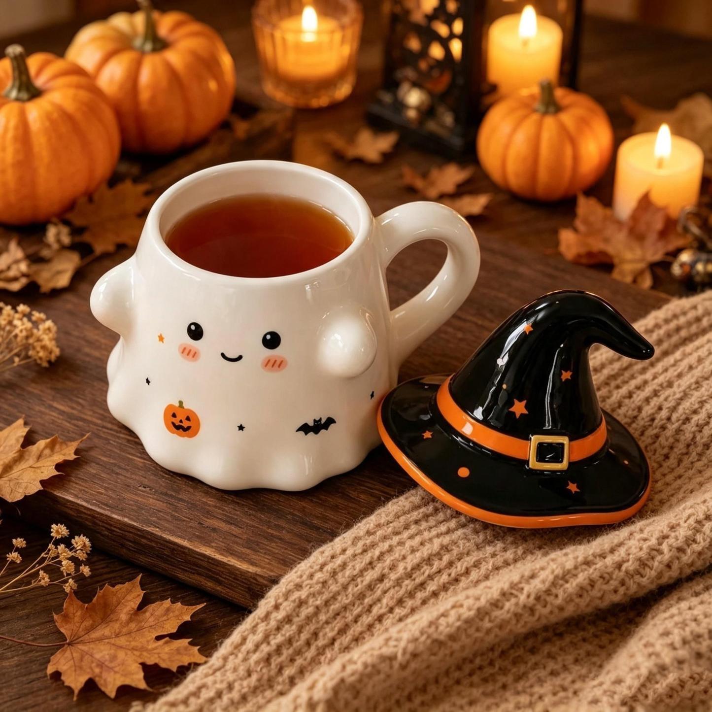 Cute Ghost Ceramic Mug with Witch Hat Lid Spooky Halloween Coffee Cup Gift for Her - NameNecklaceAU