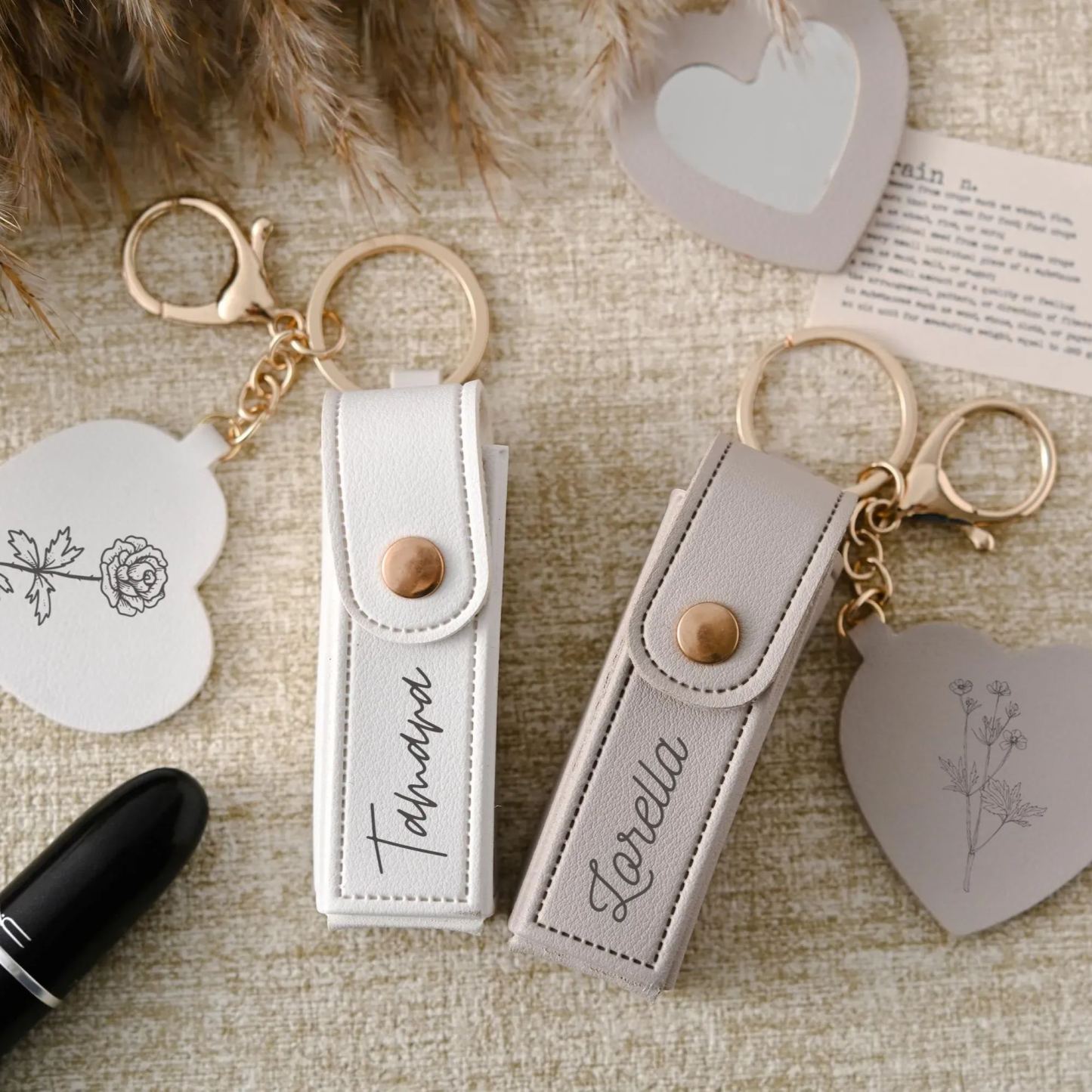 Personalized Lipstick Bag Keychain Custom Name Anti Lost Lipstick Storage Bag Lipstick Case with Mirror Gift for Her - NameNecklaceAU