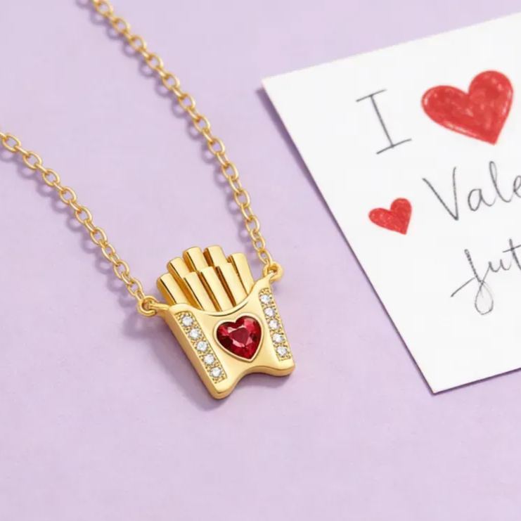 Personalized Sterling Silver French Fries Necklace with Birthstone – Fun Valentine’s Day Gift for Her - NameNecklaceAU