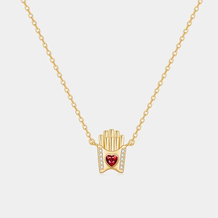 Personalized Sterling Silver French Fries Necklace with Birthstone – Fun Valentine’s Day Gift for Her - NameNecklaceAU