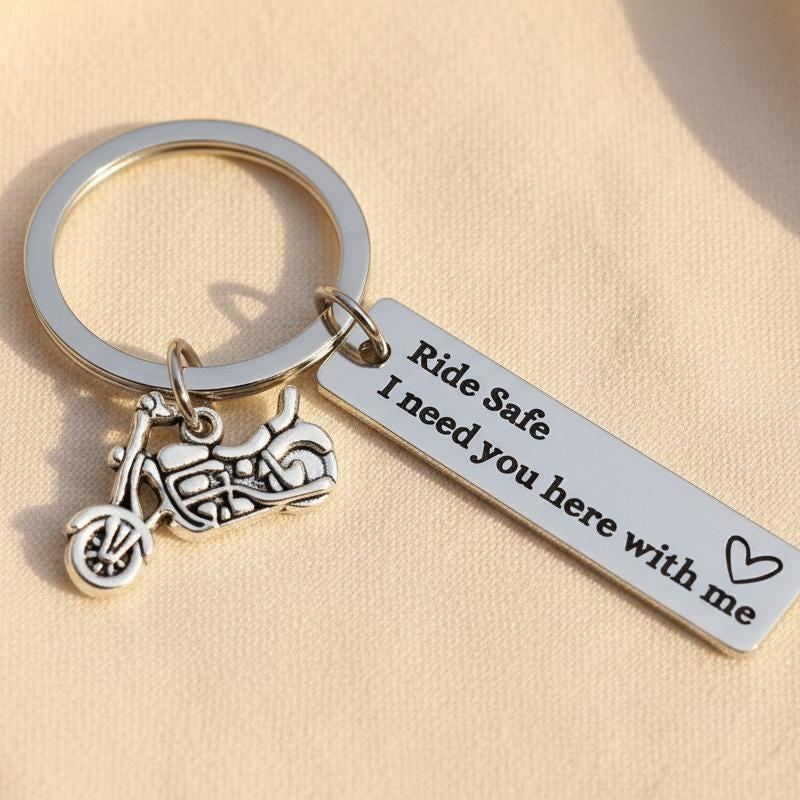 Personalized Back Text Ride Safe Keychain Custom Engraved Text Motorcycle Tag Keyring Valentine Gift for Him - NameNecklaceAU