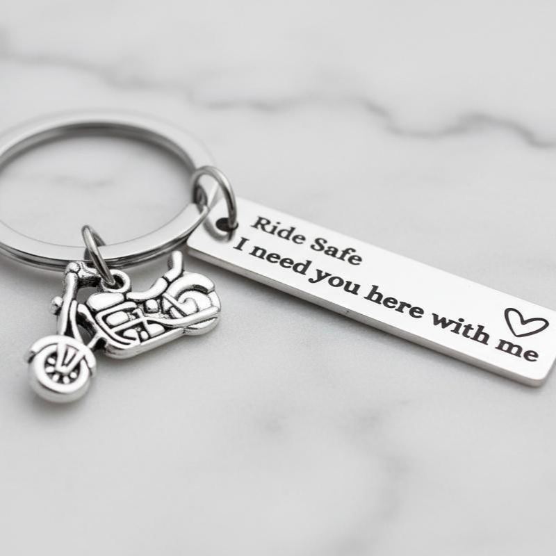 Personalized Back Text Ride Safe Keychain Custom Engraved Text Motorcycle Tag Keyring Valentine Gift for Him - NameNecklaceAU