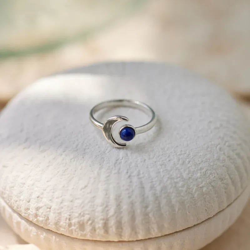 Cosmic Moon & Lapis Lazuli Statement Ring Moon Goddess Lapis Lazuli Silver Ring - NameNecklaceAU