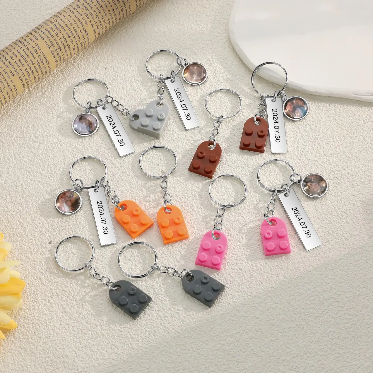 Custom Photo Block Heart Keychain Matching Couple Set Personalized Puzzle Heart Keychain Set Engraved Date Two Photo Interlocking Brick Keyring - NameNecklaceAU