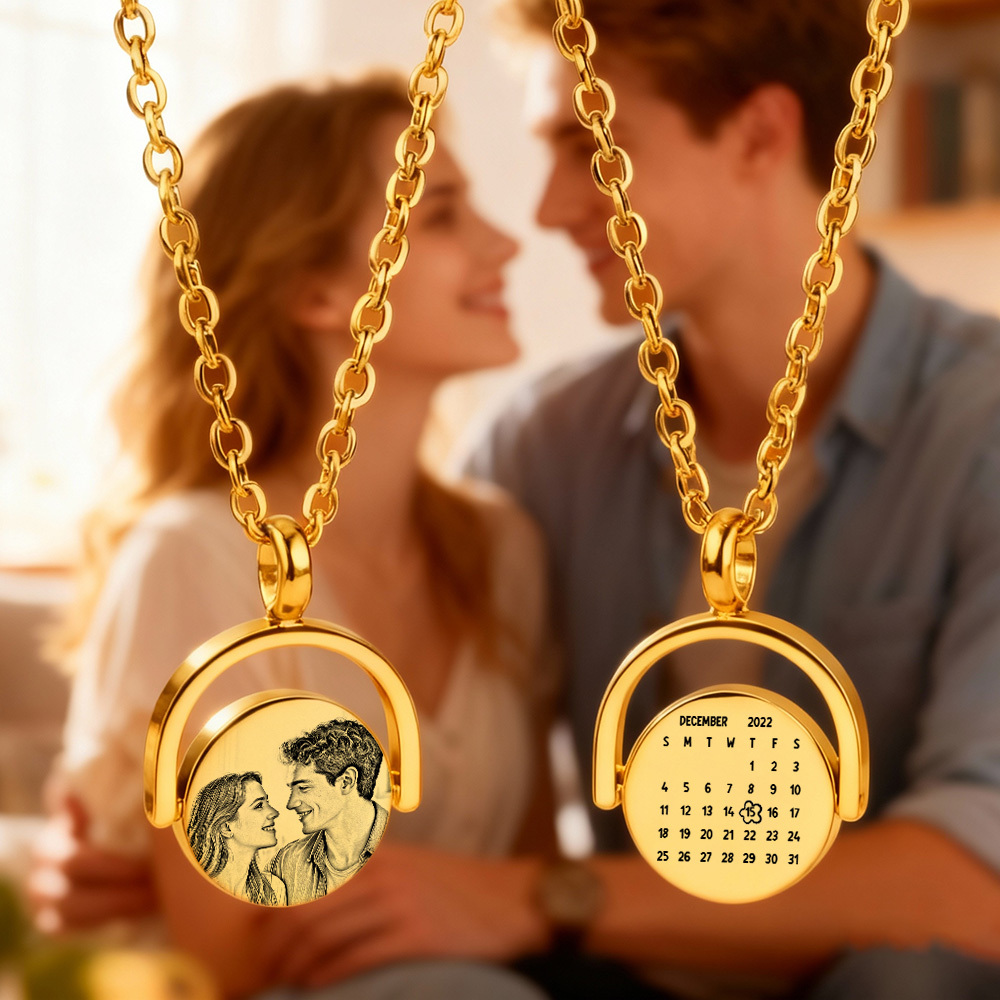 Personalized Photo Spinner Necklace Custom Couple's Rotating Photo Calendar Necklace Valentine's Day Gifts - NameNecklaceAU