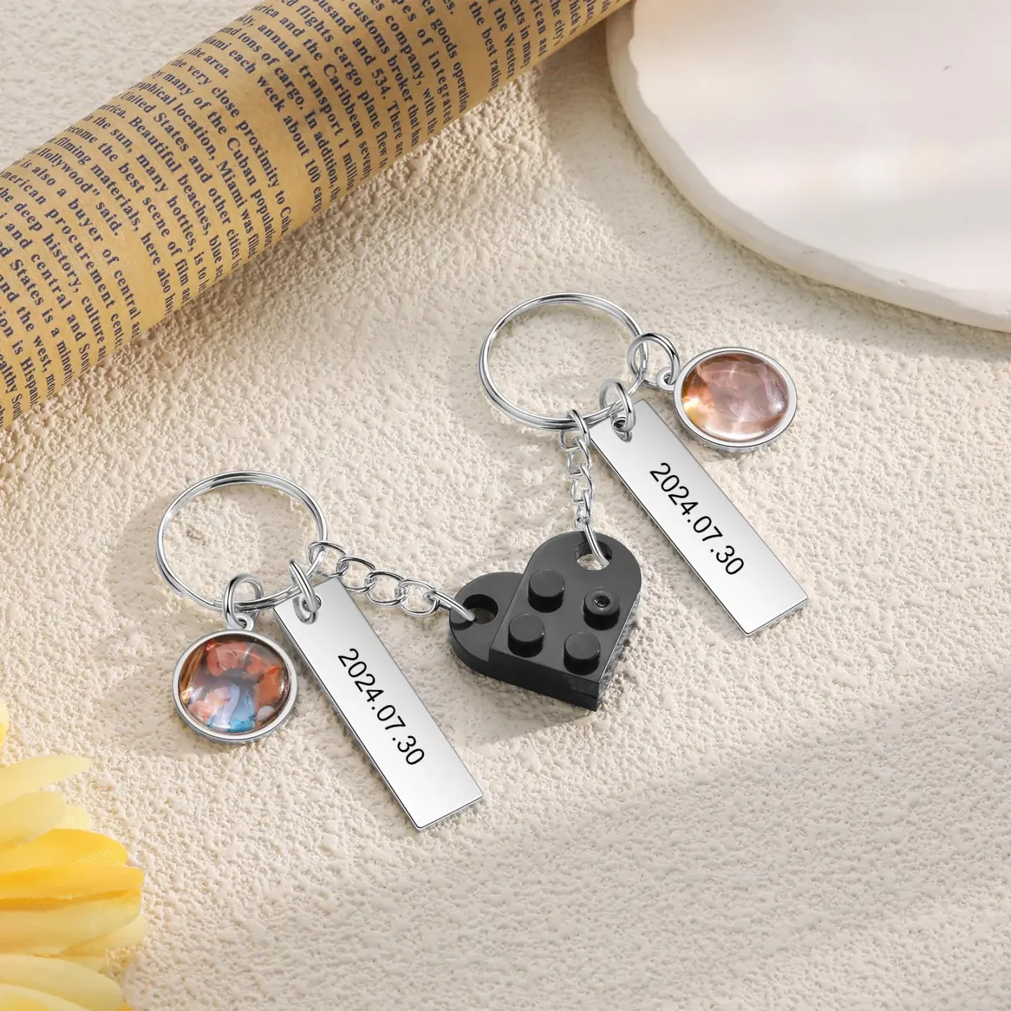 Custom Photo Block Heart Keychain Matching Couple Set Personalized Puzzle Heart Keychain Set Engraved Date Two Photo Interlocking Brick Keyring - NameNecklaceAU
