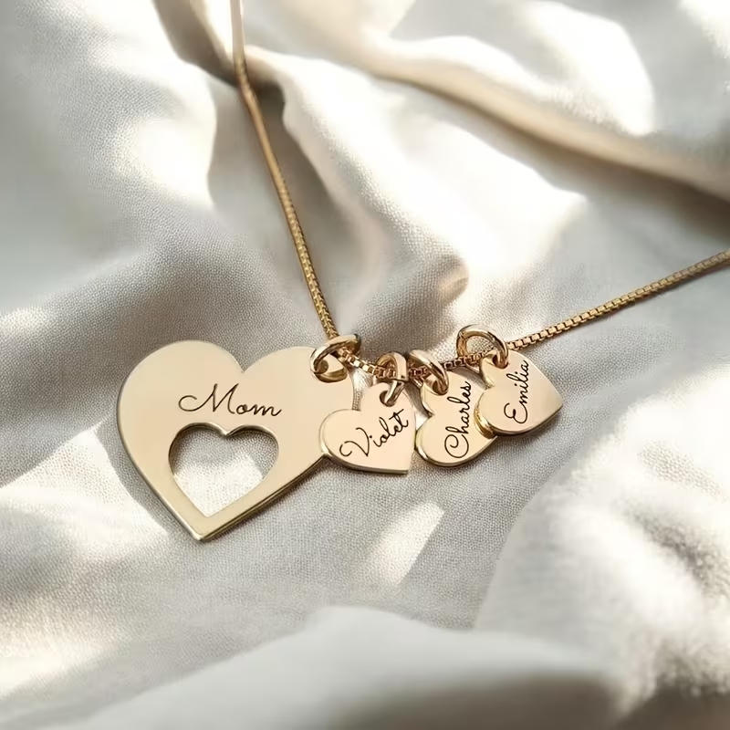 Personalized Family Heart Necklace – Large Pendant with Optional Kids’ Name Mini Heart Charms for Moms - NameNecklaceAU