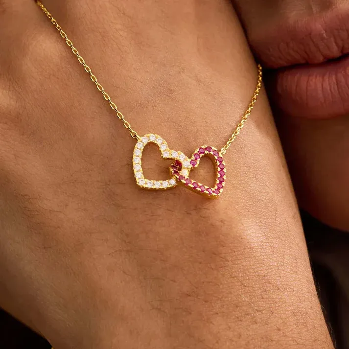 Custom Birthstone Interlocking Hearts Necklace – Romantic Valentine Gift for Her - NameNecklaceAU