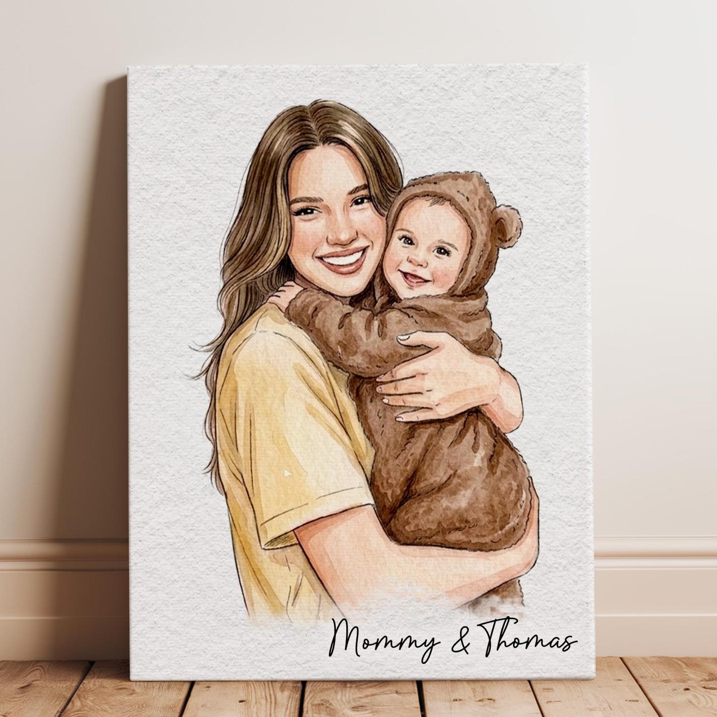 Personalized Photo to Illustration Custom Canvas Print Custom Portrait and Message Custom Photo to Art First Mother's Day Gift for New Mom - NameNecklaceAU