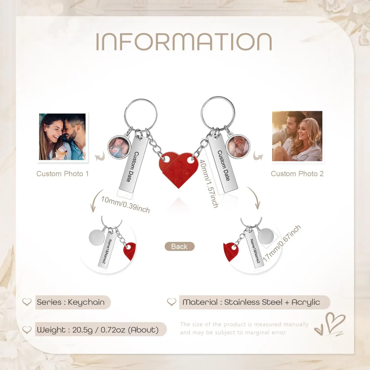 Custom Photo Block Heart Keychain Matching Couple Set Personalized Puzzle Heart Keychain Set Engraved Date Two Photo Interlocking Brick Keyring - NameNecklaceAU