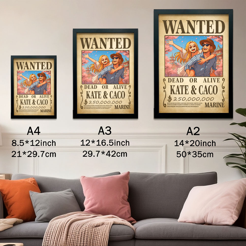 Custom Anime Bounty Couple Portrait Personalized Anime Style Wanted Poster Portrait Unique Captains' Couple Portrait - NameNecklaceAU