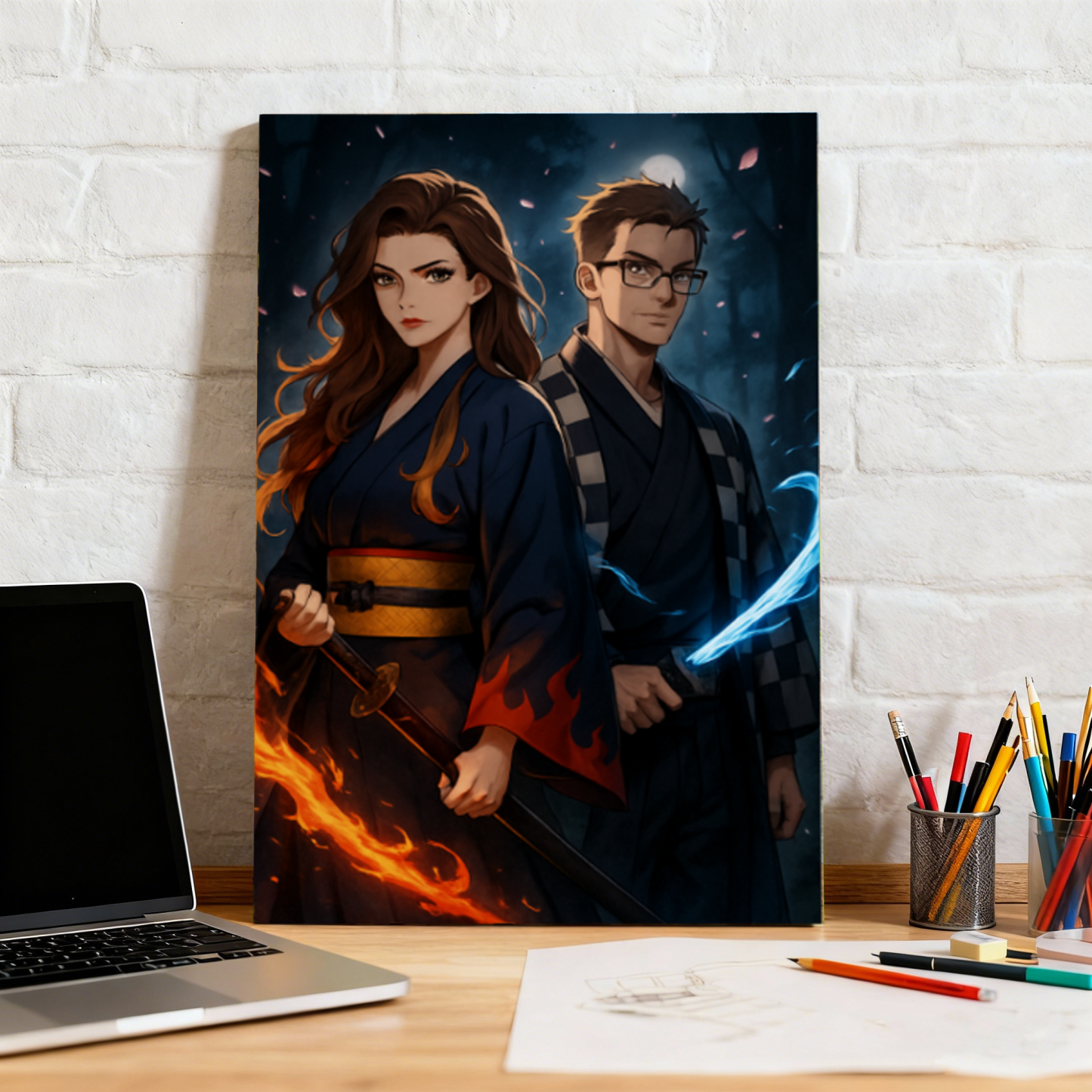 Personalized Canvas Japanese Anime Warrior Style Portrait Custom Photo Anime Style Canvas Art Taisho Era Portrait Print Japanese Manga Style Canvas - NameNecklaceAU