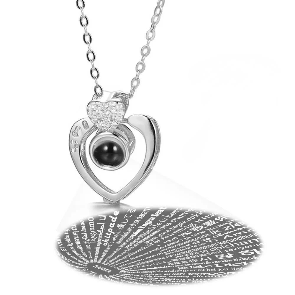 I Love You Necklace in 100 Languages Projection Engraved Necklace Two Hearts Silver