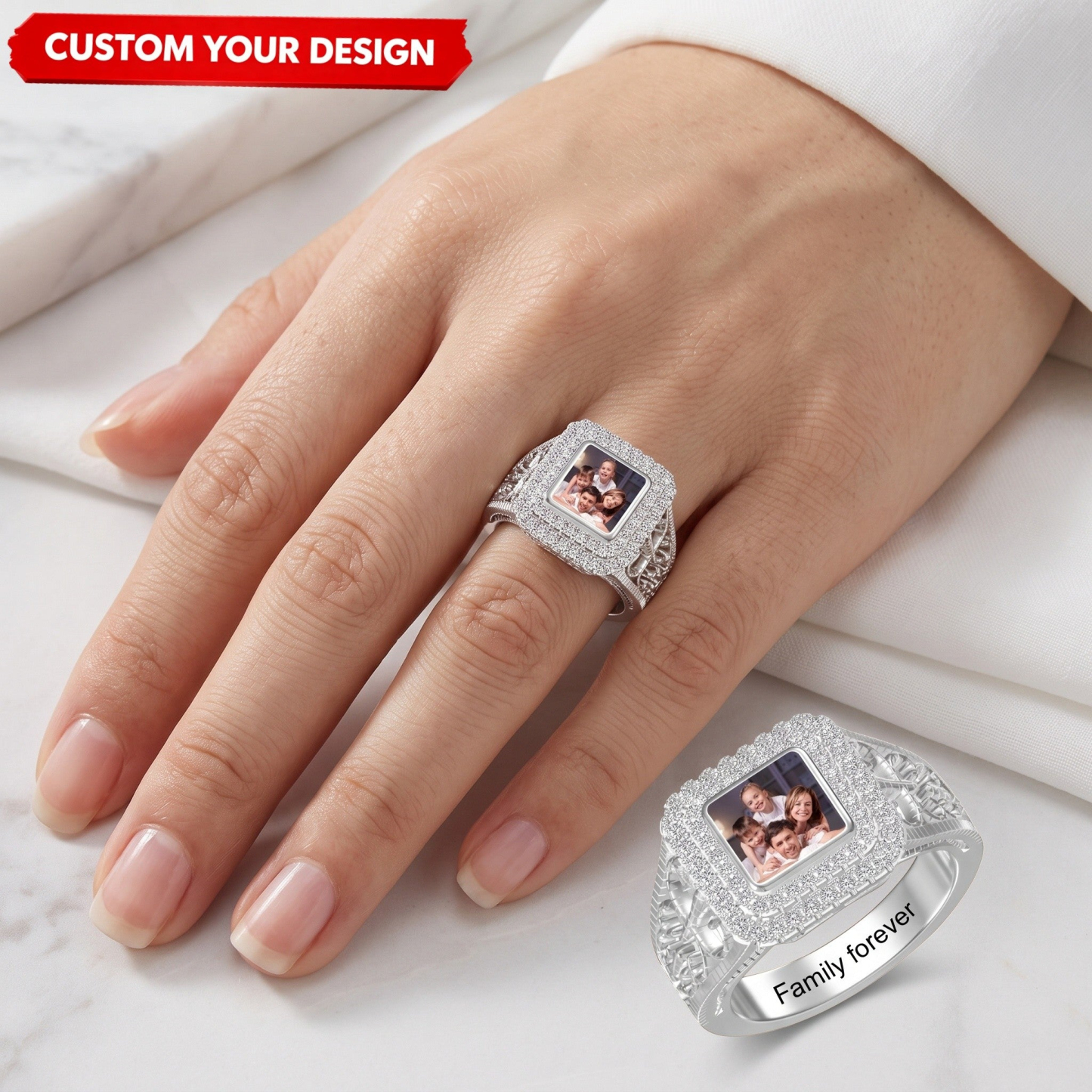 Custom Photo Engraved Name Personalized Square Shaped Ring with Sparkling Diamond Memorial Jewelry Gift For Family Mom Wife Girlfriend - NameNecklaceAU