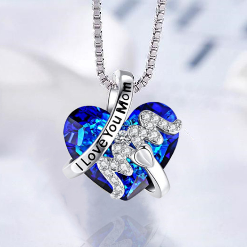 Luxury Fashion "Mom" Pendant Necklace Red Blue Heart Crystal Jewelry Mother's Day Gift -  NameNecklaceUK