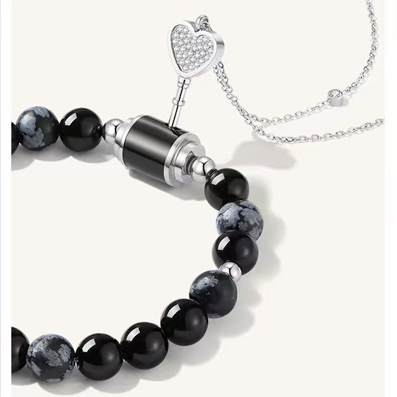 "One Lock for Love" Matching Crystal Bracelet & Key Necklace Set Natural Agate Bracelet with Key Necklace for Couples