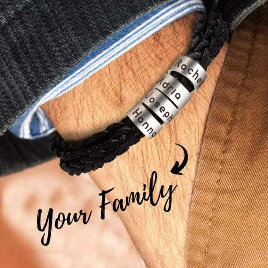 Men's Leather Bracelet Custom Engraved Bracelet Black Leather Beads Bracelet Small Custom Bead for Him 1-6 Charms