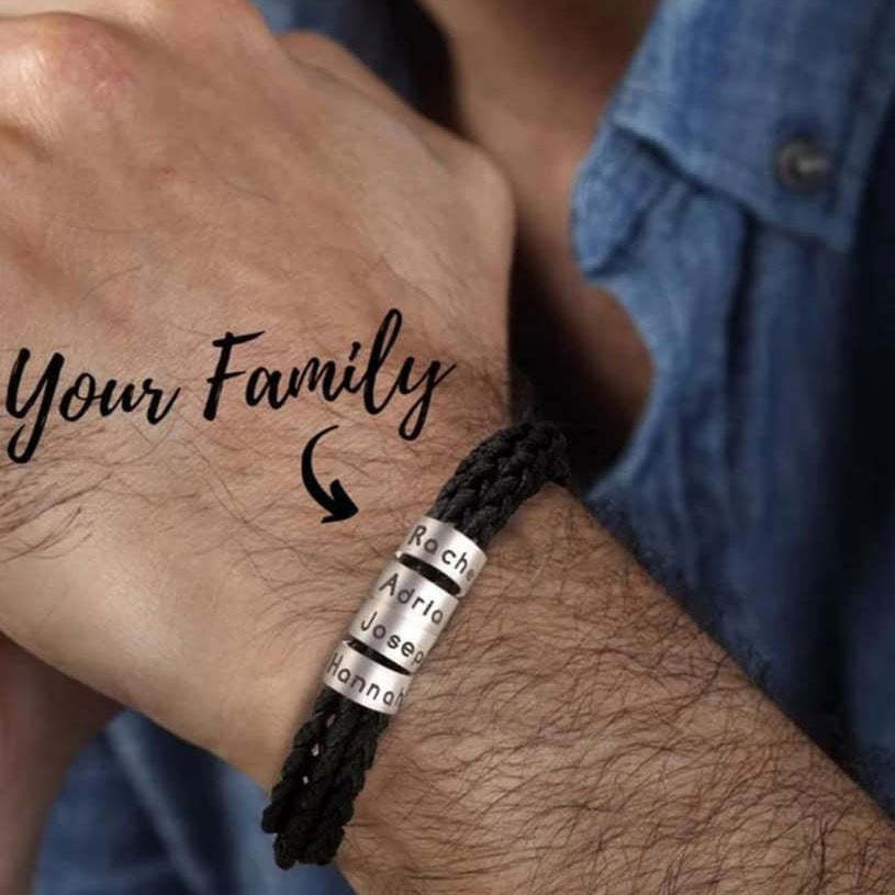 Men's Leather Bracelet Custom Engraved Bracelet Black Leather Beads Bracelet Small Custom Bead for Him 1-6 Charms