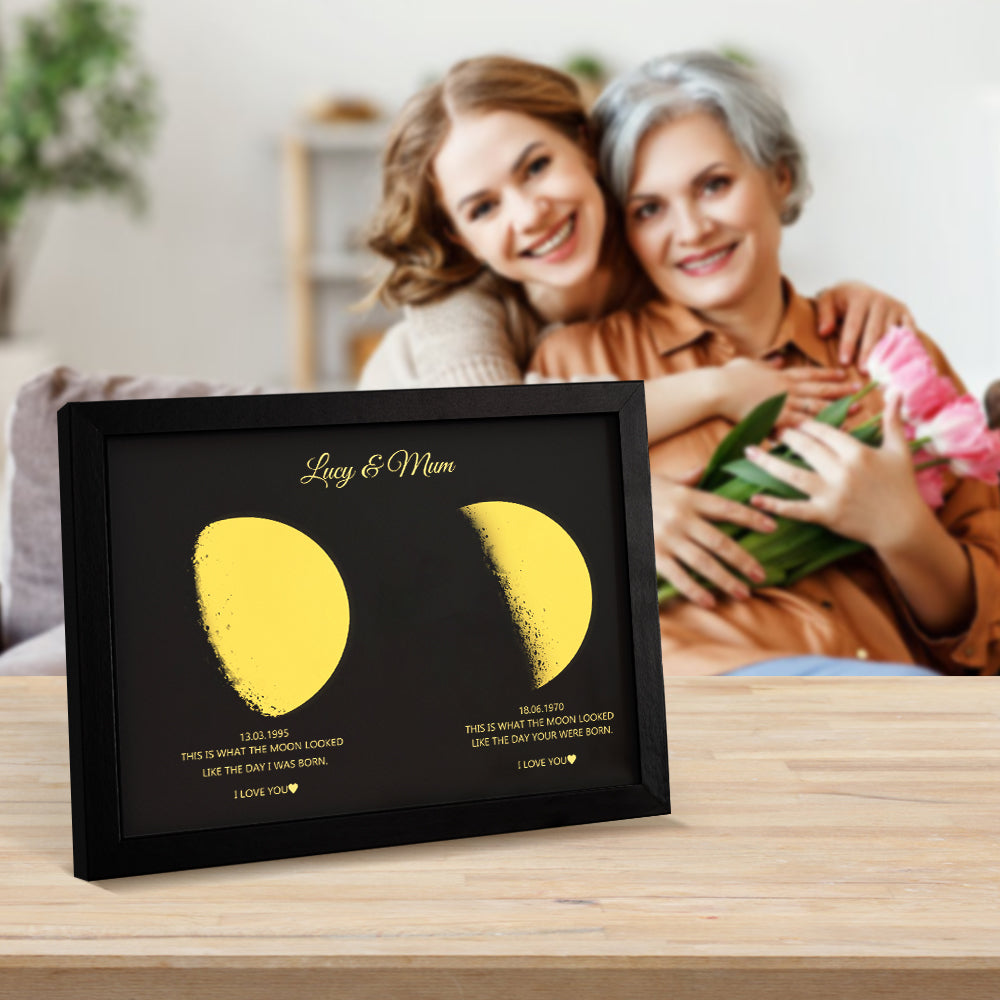 Mother's Day Gifts Custom Moon Phase and Names Wooden Frame with Personalized Text Gold Moon