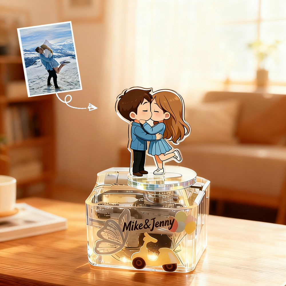 Custom Photo Music Box Figurine Personalized Cartoon Portrait Ornament Unique Gift for Couples, Family