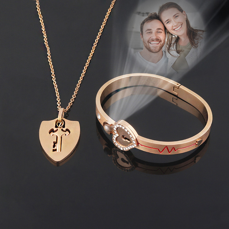 Unlock Your Love Personalized Projection Love Lock Couple Bracelet & Key Necklace Set Custom Photo or 'I Love You' in 100 Languages Matching Bracelet & Key Necklace