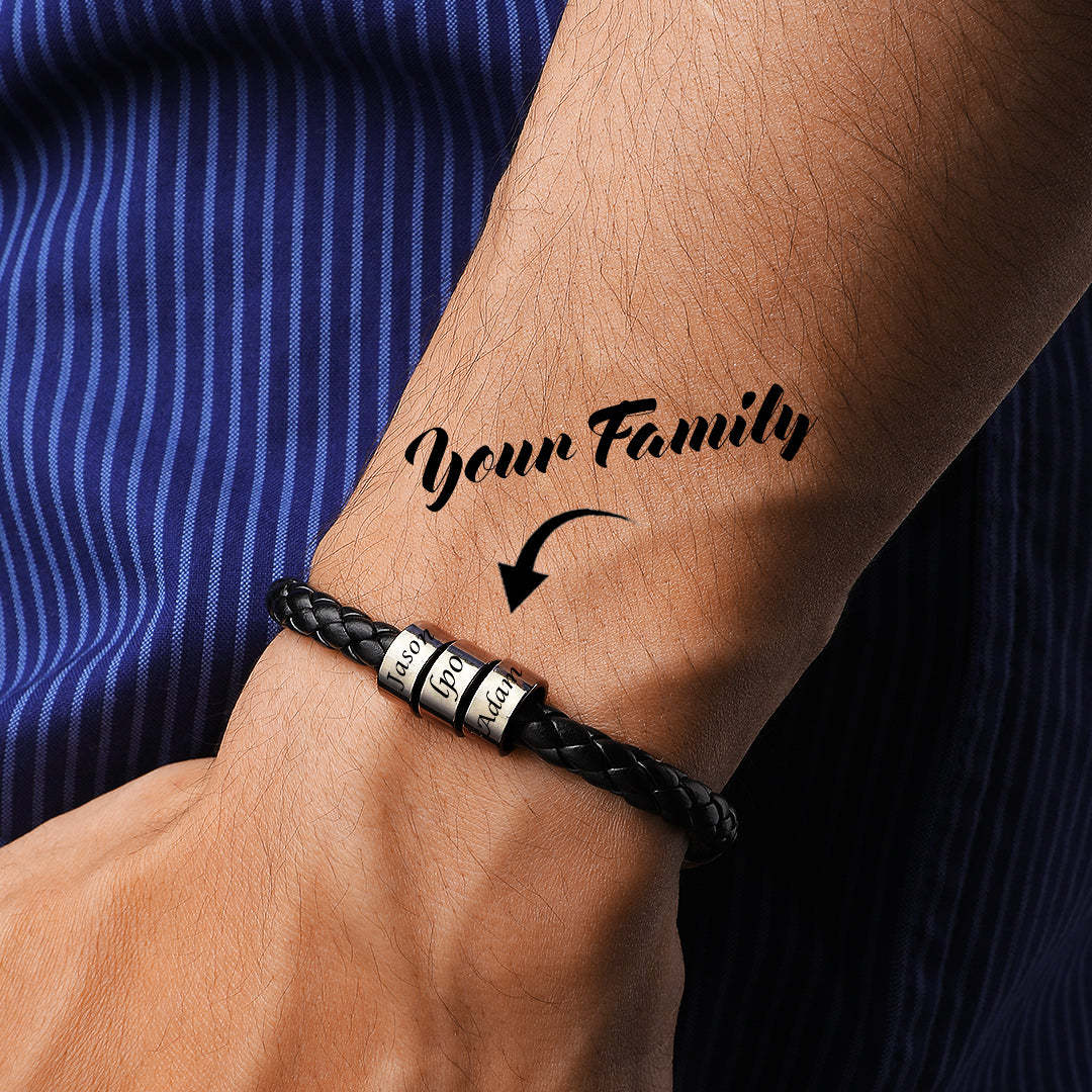 Men's Leather Bracelet Custom Engraved Bracelet Black Leather Beads Bracelet Small Custom Bead for Him 1-6 Charms