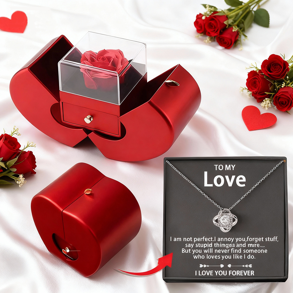 My Beloved Necklace with Red Eternity Rose in Gift Box – Romantic Jewelry Set