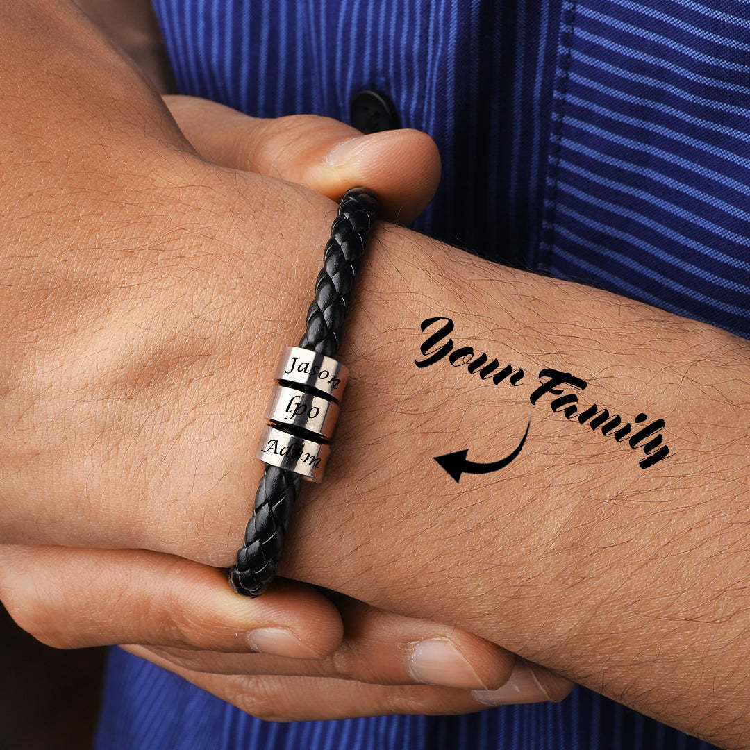 Men's Leather Bracelet Custom Engraved Bracelet Black Leather Beads Bracelet Small Custom Bead for Him 1-6 Charms