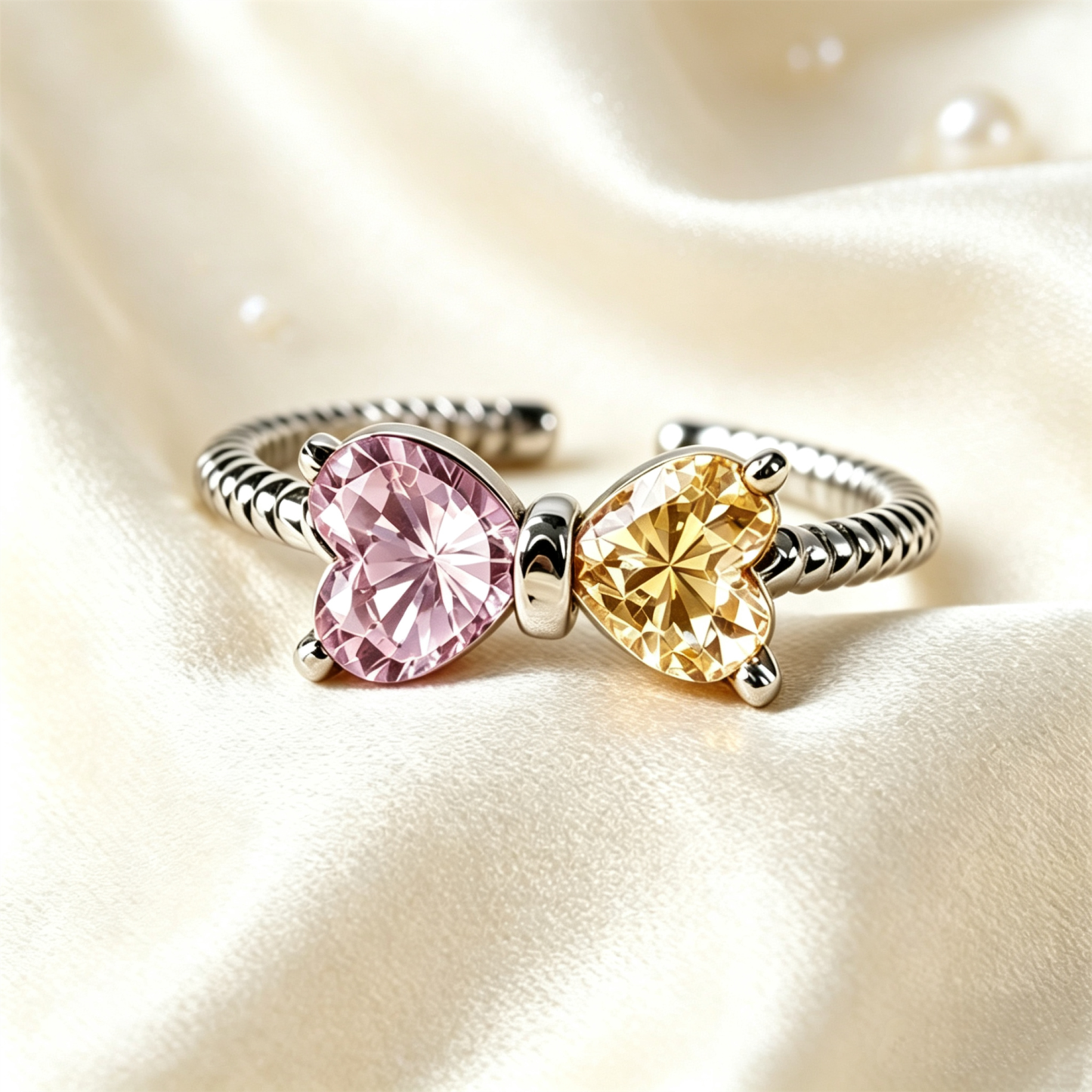 Personalized Heart Birthstones Bow Ring Custom Two Heart Birthstone Ring Adjustable Bow Knot Best Friend Gift -  NameNecklaceUK