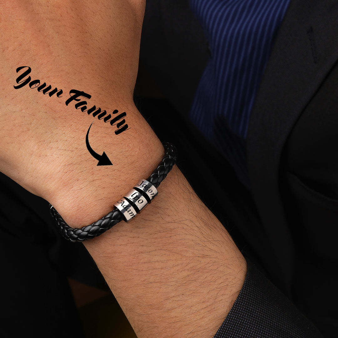 Men's Leather Bracelet Custom Engraved Bracelet Black Leather Beads Bracelet Small Custom Bead for Him 1-6 Charms