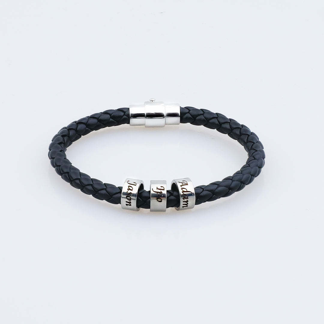Men's Leather Bracelet Custom Engraved Bracelet Black Leather Beads Bracelet Small Custom Bead for Him 1-6 Charms