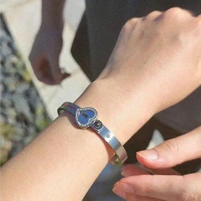 Unlock Your Love Personalized Projection Love Lock Couple Bracelet & Key Necklace Set Custom Photo or 'I Love You' in 100 Languages Matching Bracelet & Key Necklace