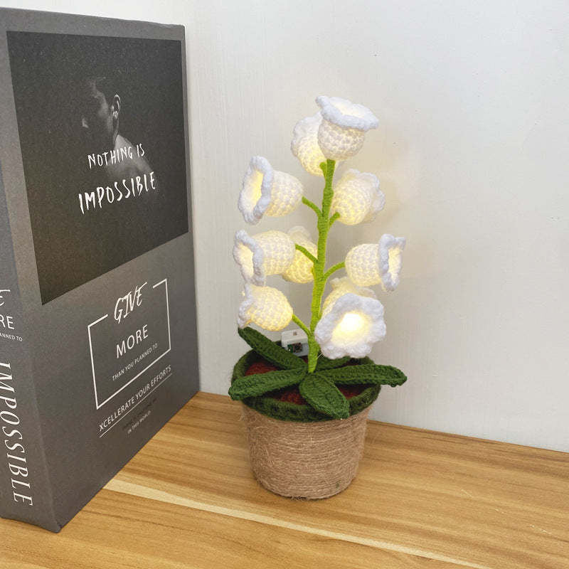 Crochet Handmade Lily Potted Plant Light Lamp, Lilies of the Valley,Finished Product,Knitted Flower Decoration,3 flash modes girlfriend gift - yournamenecklaceuk