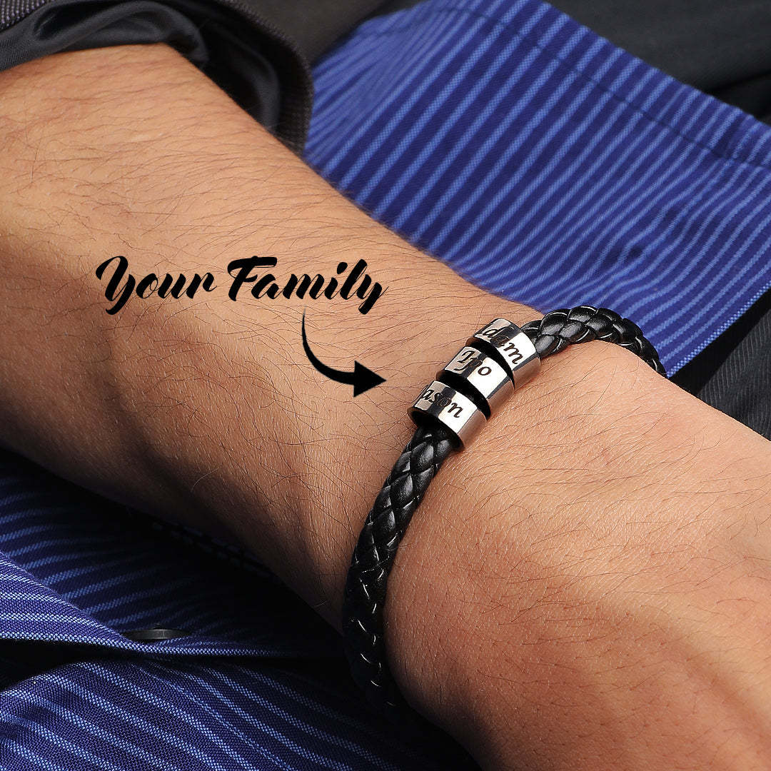 Men's Leather Bracelet Custom Engraved Bracelet Black Leather Beads Bracelet Small Custom Bead for Him 1-6 Charms