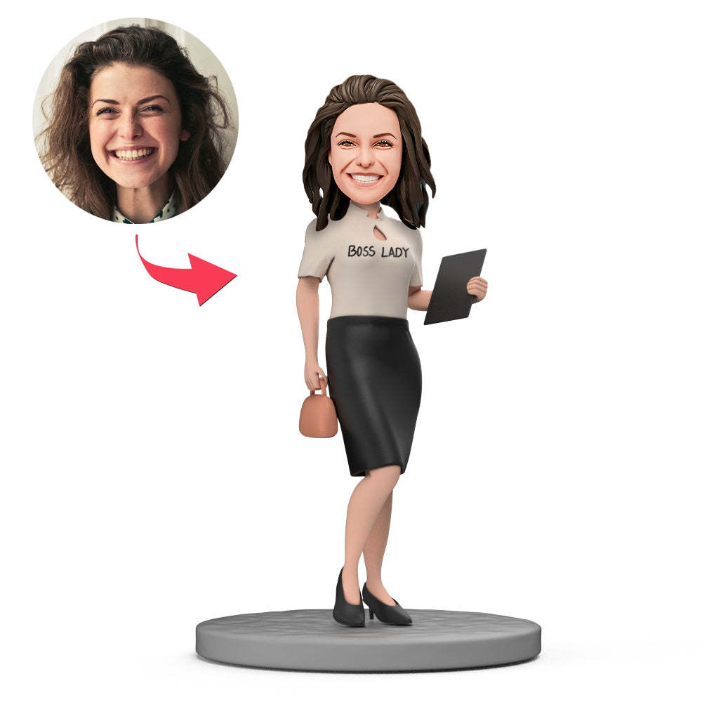 White Blouse and Skirt Holding Documents Boss Lady Custom Bobblehead with Engraved Text - yournamenecklaceuk