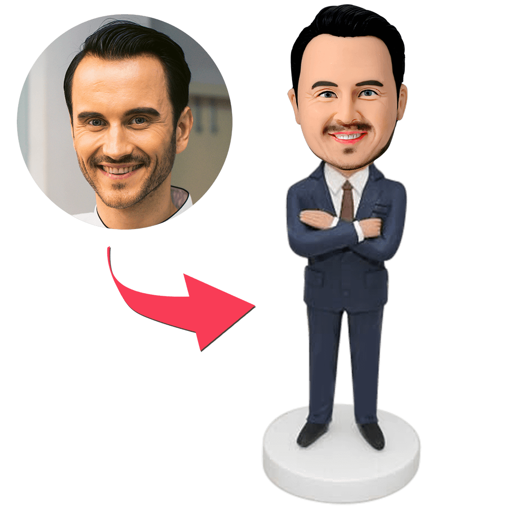 Boss's Day Gifts For Men Blue Suit Businessman Custom Bobbleheads With Engraved Text - yournamenecklaceuk