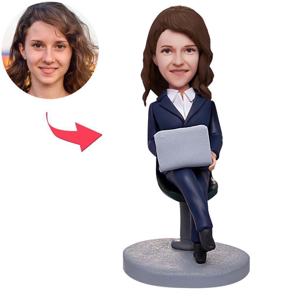 Female Boss Working With Laptop Engraved Text Custom Bobblehead - yournamenecklaceuk