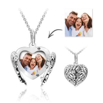 Engravable Photo Locket Necklace Personalized Heart Angel Wings Sterling Silver - yournamencklaceuk