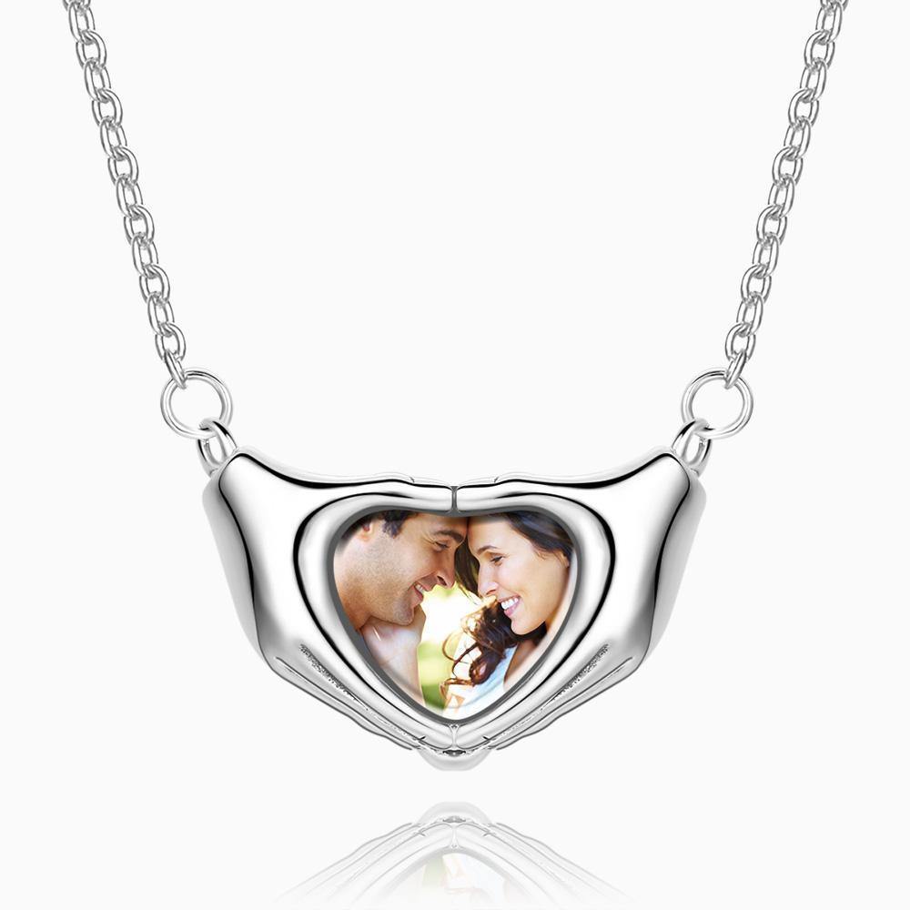 Fingers Heart Photo Necklace Silver - yournamencklaceuk