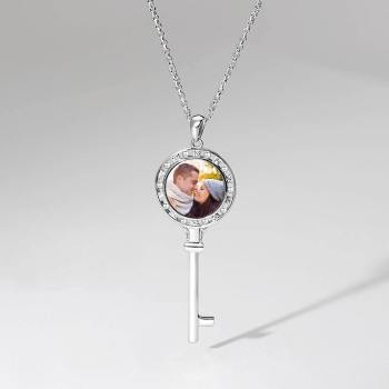 Key Photo Necklace with CZ Platinum Plated Silver - yournamencklaceuk