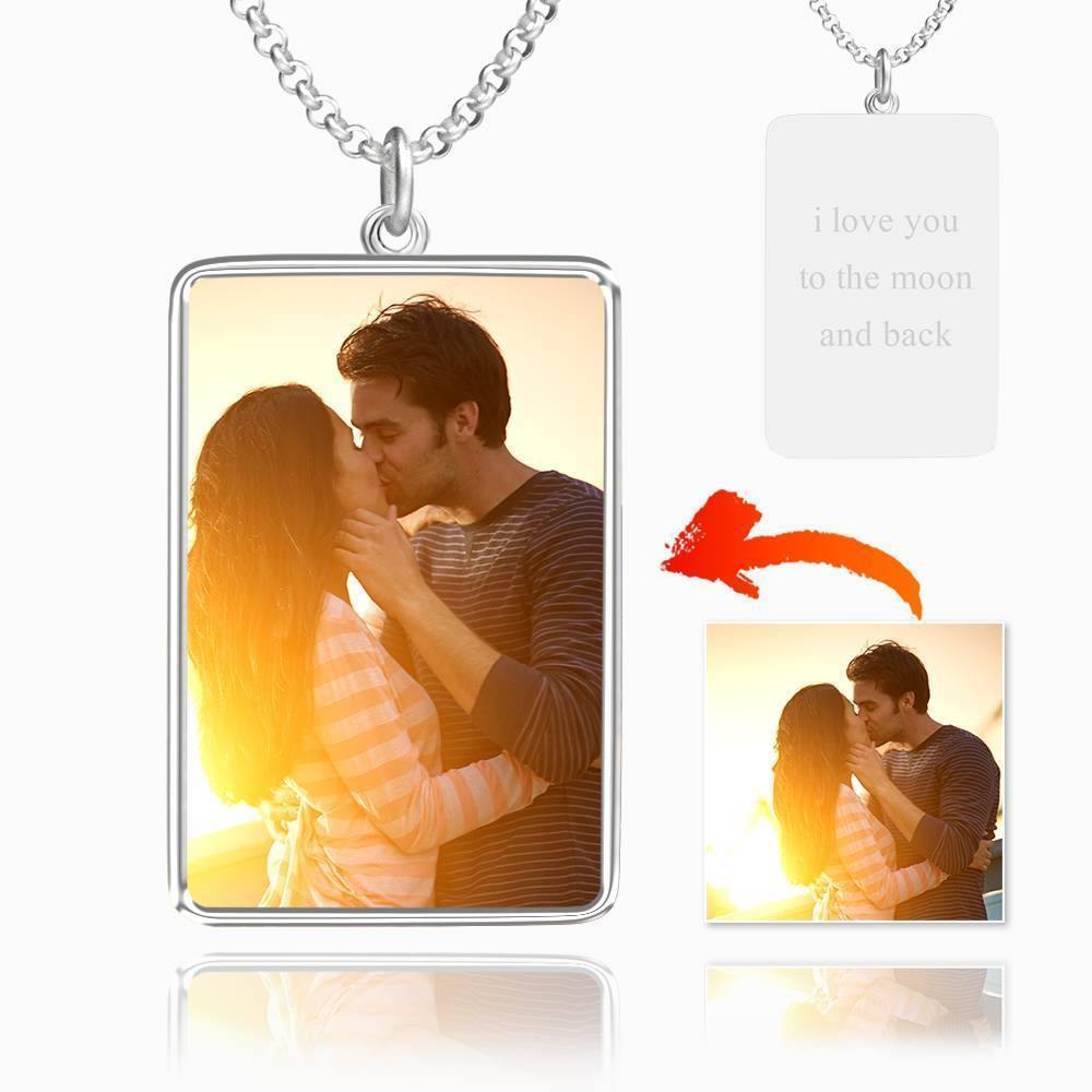Engraved Rectangle Tag Photo Necklace Silver - yournamencklaceuk