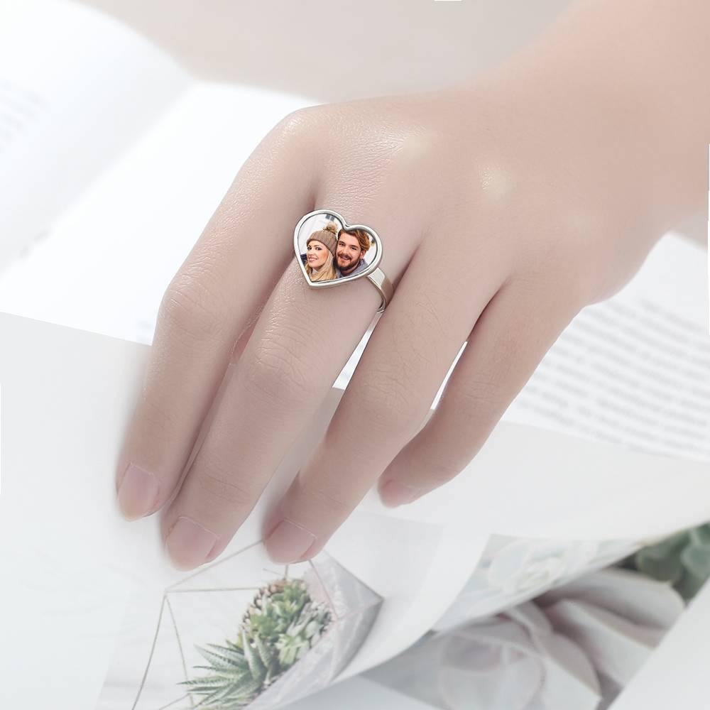 Women's Heart Photo Ring with Engraving Silver - yournamenecklaceuk
