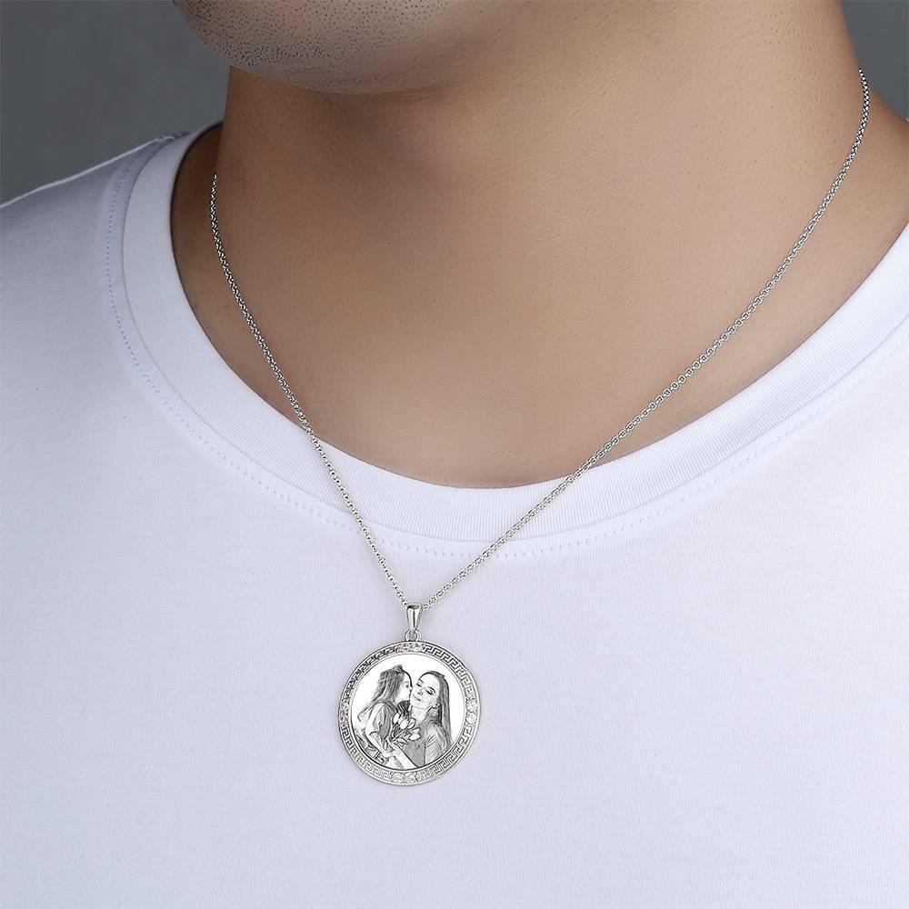 Men's Personalized Photo Engraved Necklace, Rhinestone Crystal Round Shape Photo Necklace Platinum Plated Silver - Sketch - yournamencklaceuk