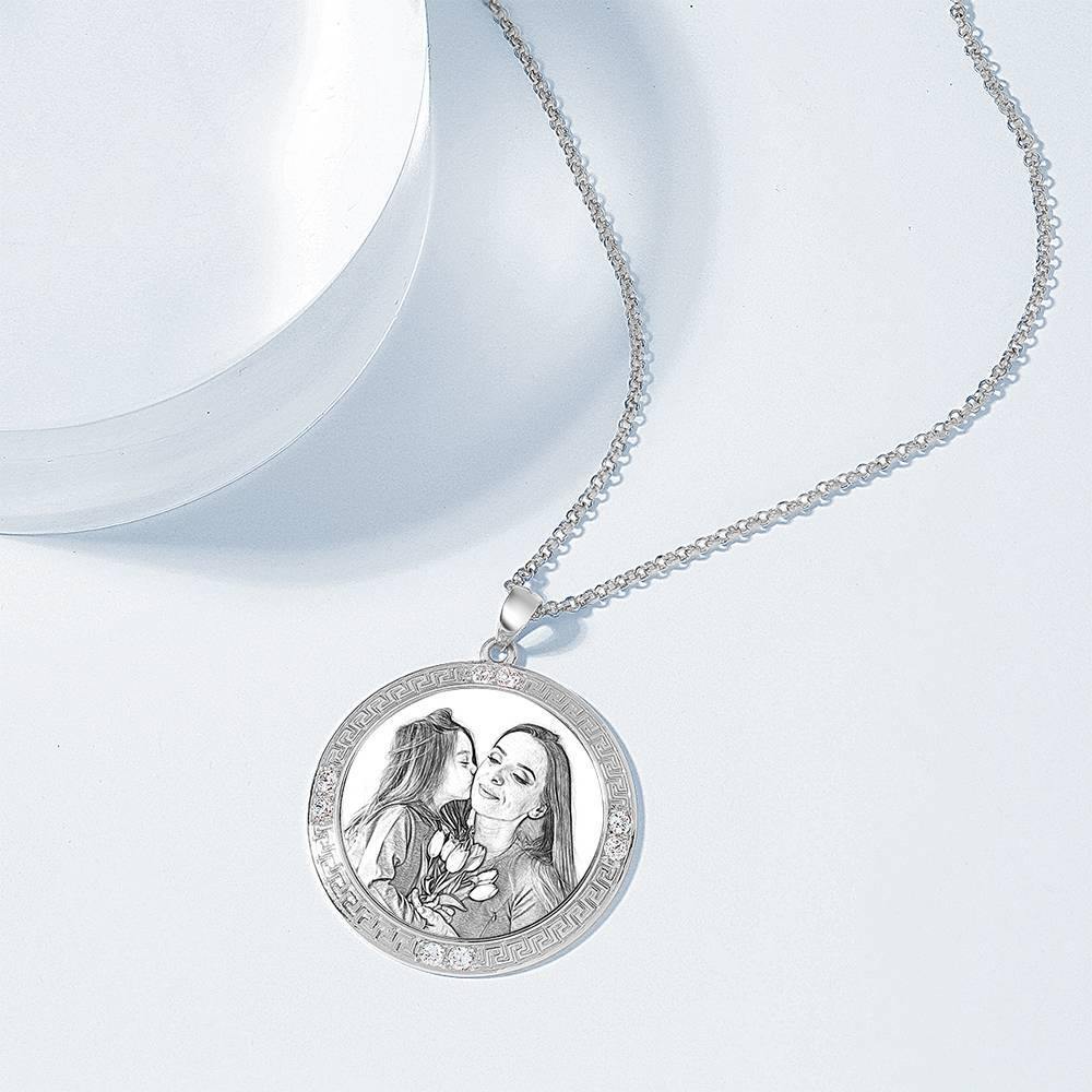 Men's Personalized Photo Engraved Necklace, Rhinestone Crystal Round Shape Photo Necklace Platinum Plated Silver - Sketch - yournamencklaceuk