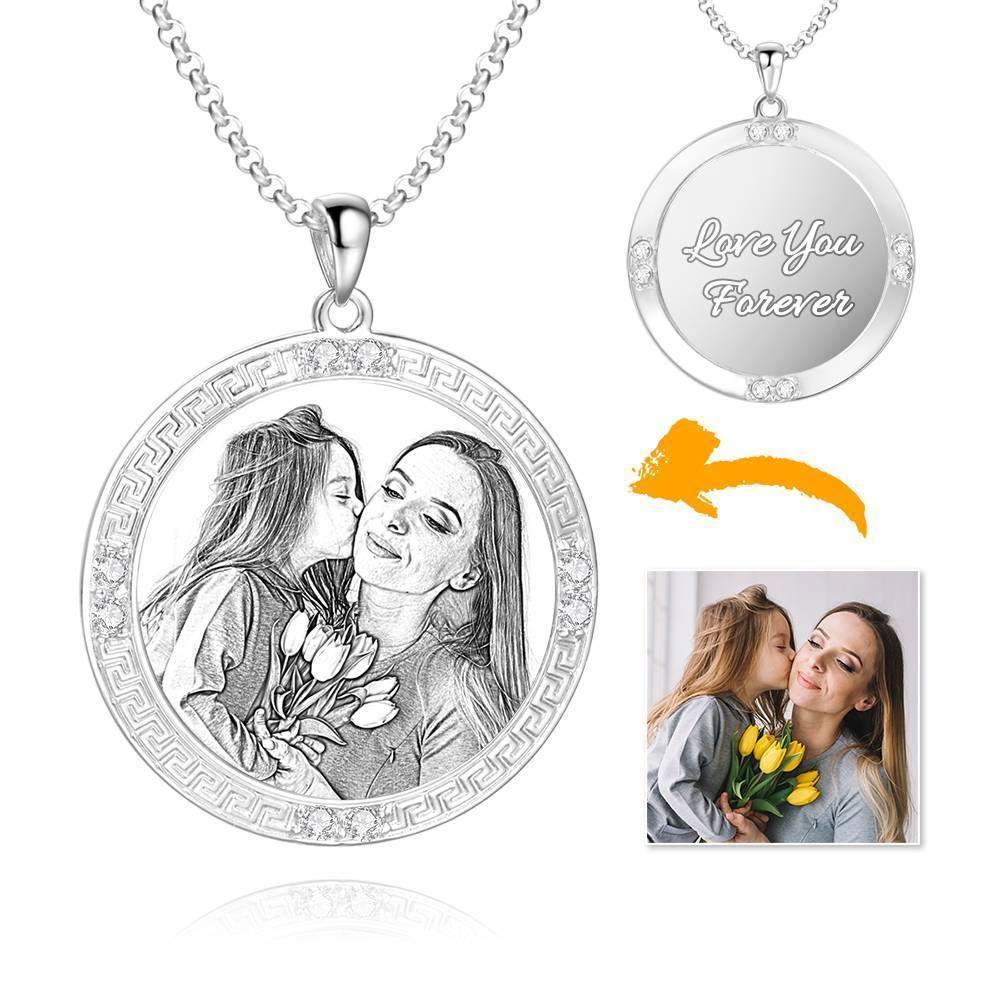 Men's Personalized Photo Engraved Necklace, Rhinestone Crystal Round Shape Photo Necklace Platinum Plated Silver - Sketch - yournamencklaceuk