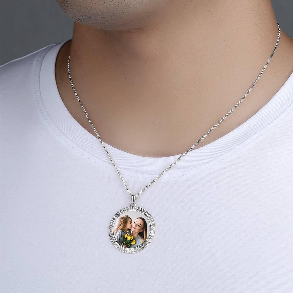 Men's Personalized Photo Engraved Necklace, Rhinestone Crystal Round Shape Photo Necklace Platinum Plated Silver - Colorful - yournamencklaceuk