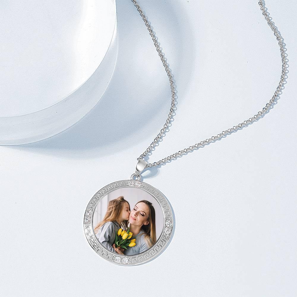 Men's Personalized Photo Engraved Necklace, Rhinestone Crystal Round Shape Photo Necklace Platinum Plated Silver - Colorful - yournamencklaceuk