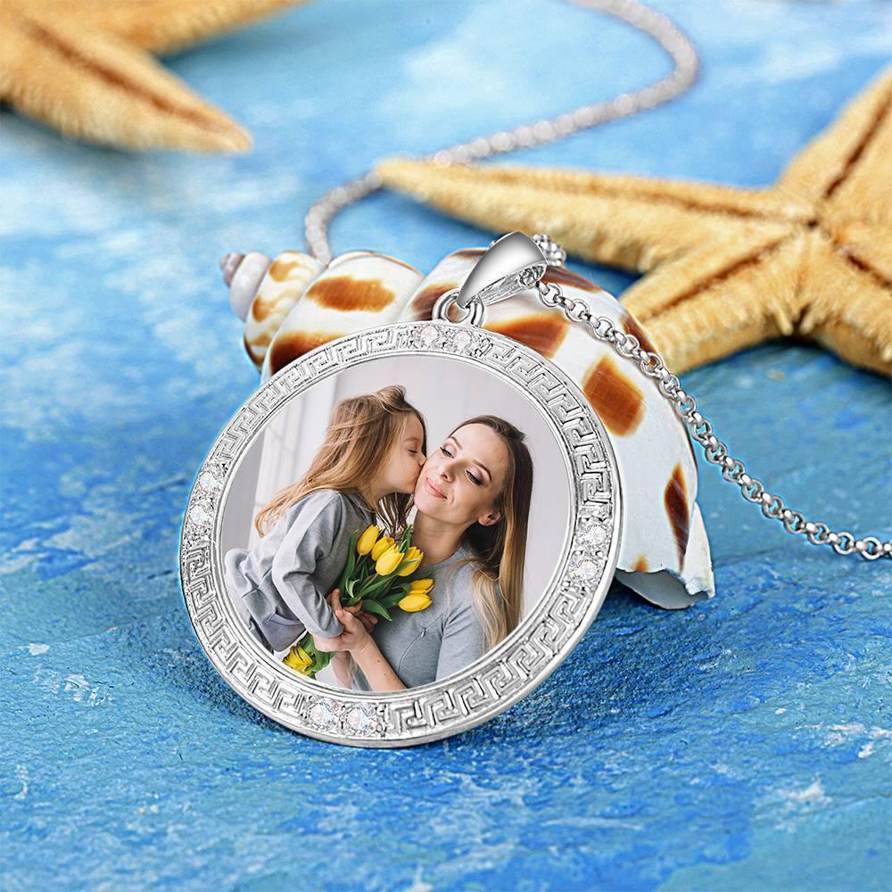 Men's Personalized Photo Engraved Necklace, Rhinestone Crystal Round Shape Photo Necklace Platinum Plated Silver - Colorful - yournamencklaceuk